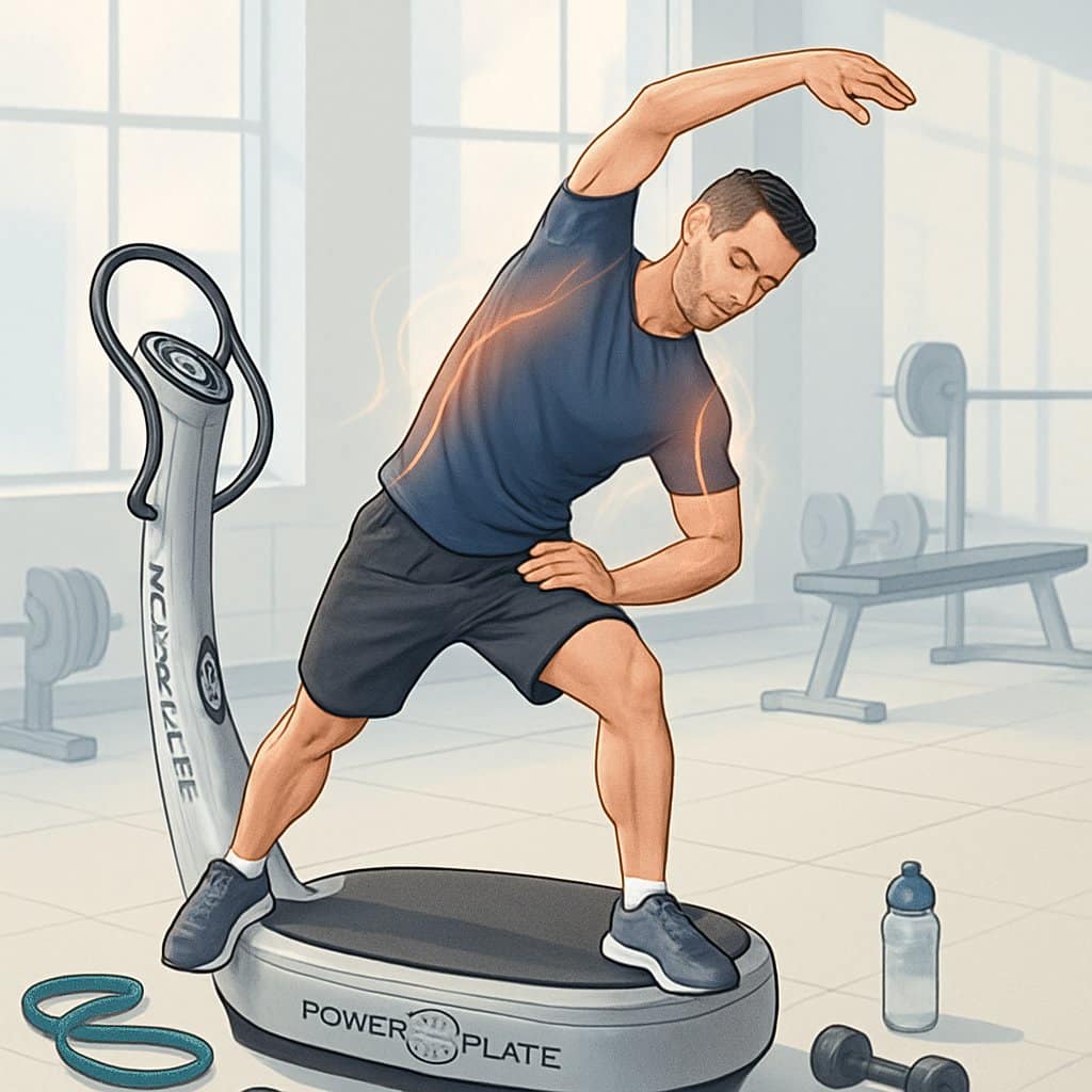 A fitness instructor performing a warm-up stretch on a Power Plate vibration platform in a bright gym with exercise equipment around.