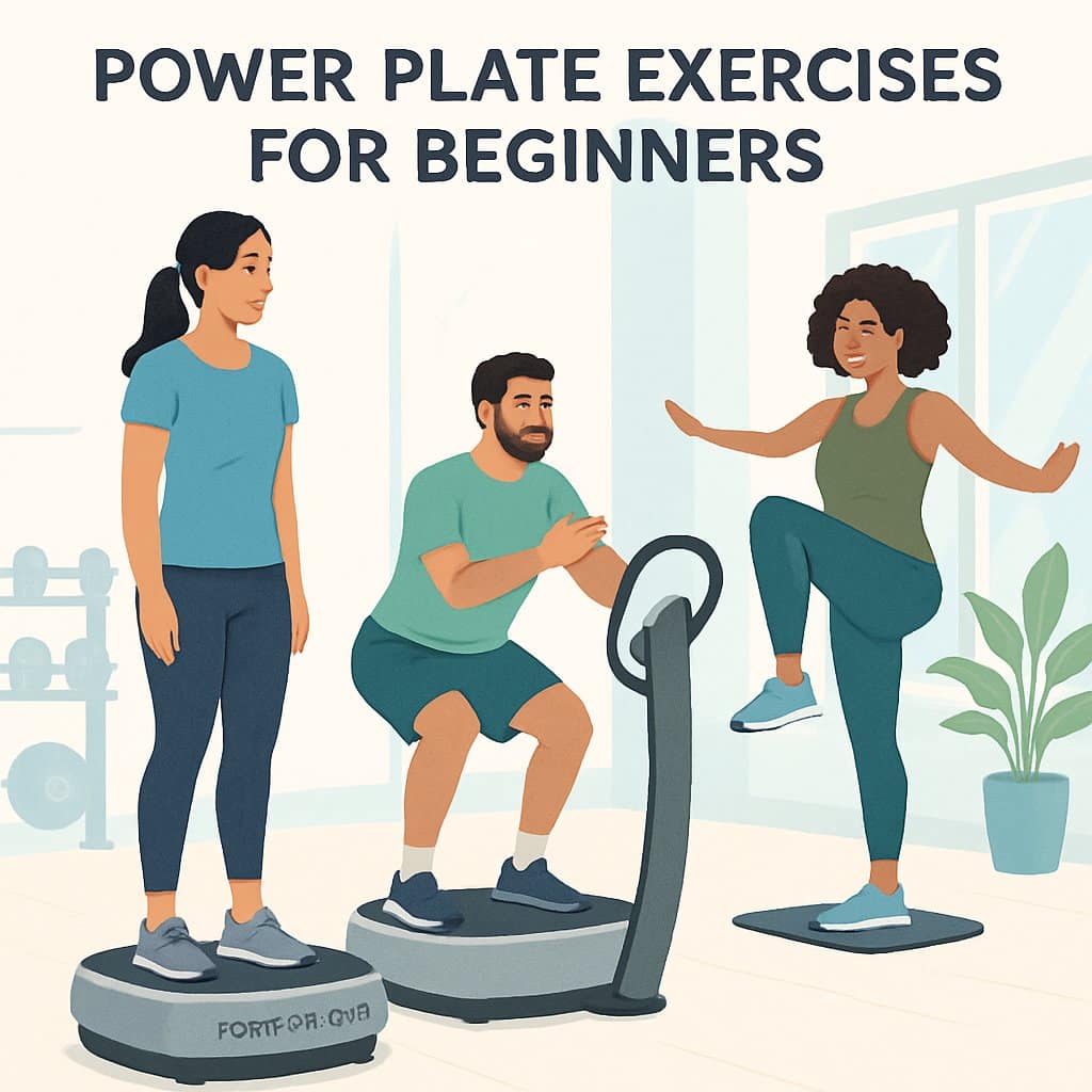 Three beginners performing different exercises on Power Plate machines in a bright gym with natural light and fitness equipment around them.