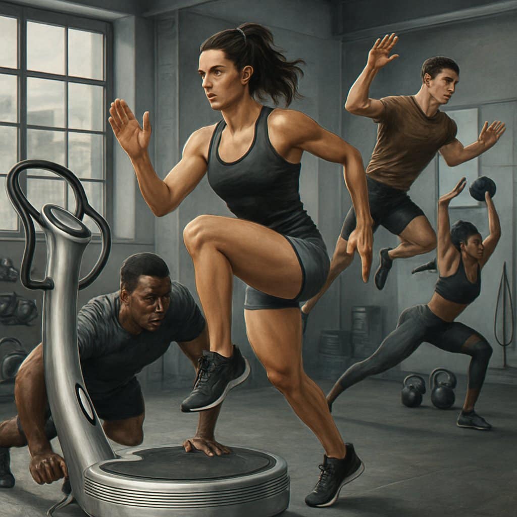 Athletes performing advanced exercises on Power Plate machines in a gym with sports equipment around them.