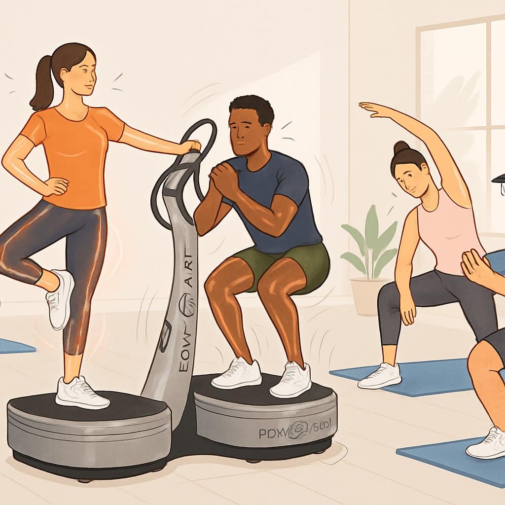 People using a Power Plate exercise machine in a bright fitness studio, performing beginner exercises for weight loss and fat burning.