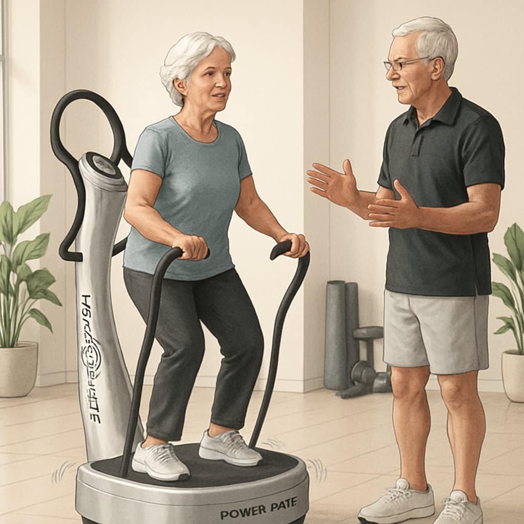 A senior woman using a Power Plate exercise machine in a bright fitness studio with a senior instructor guiding her.