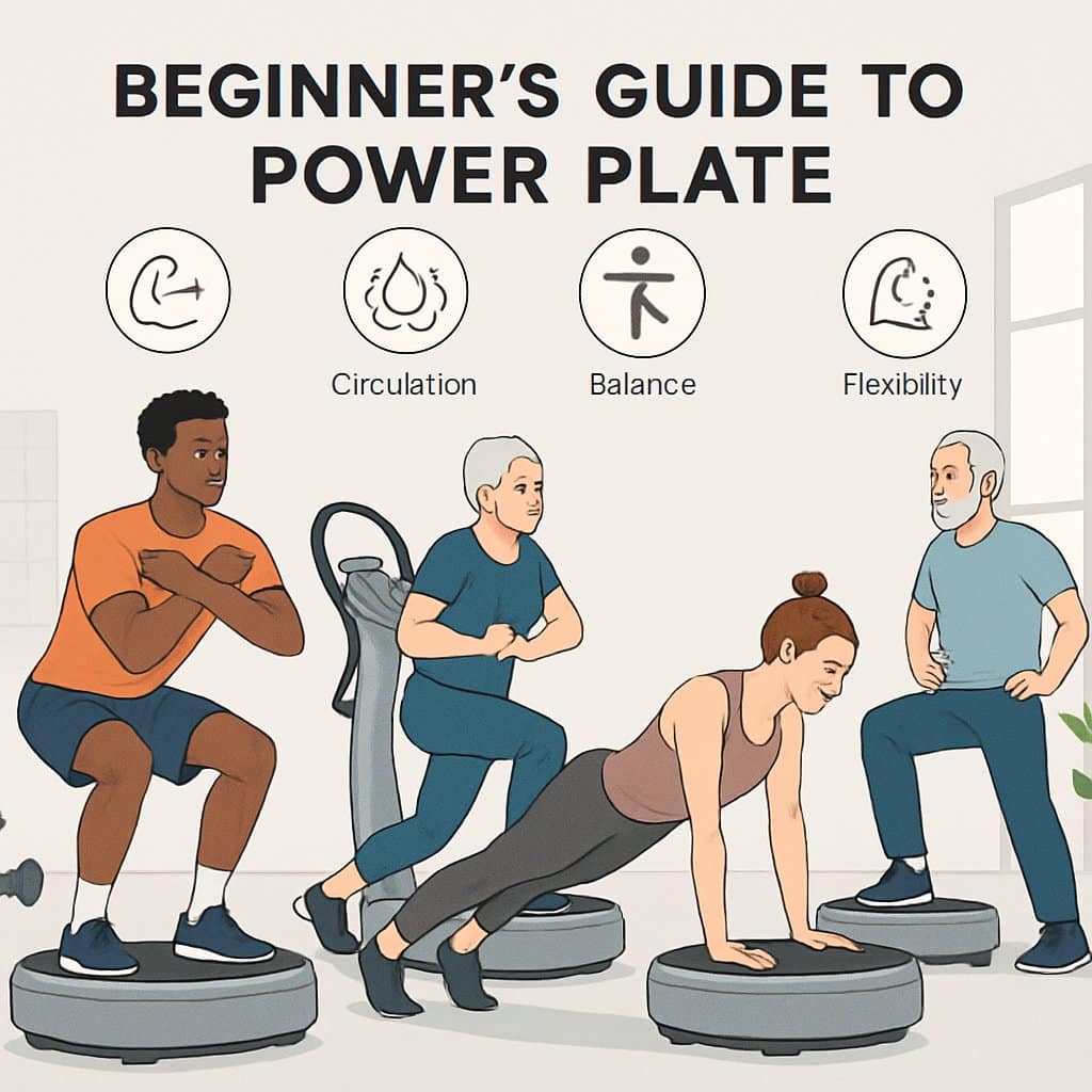 A group of diverse people performing various Power Plate exercises in a bright gym setting, showing different workout positions and equipment.