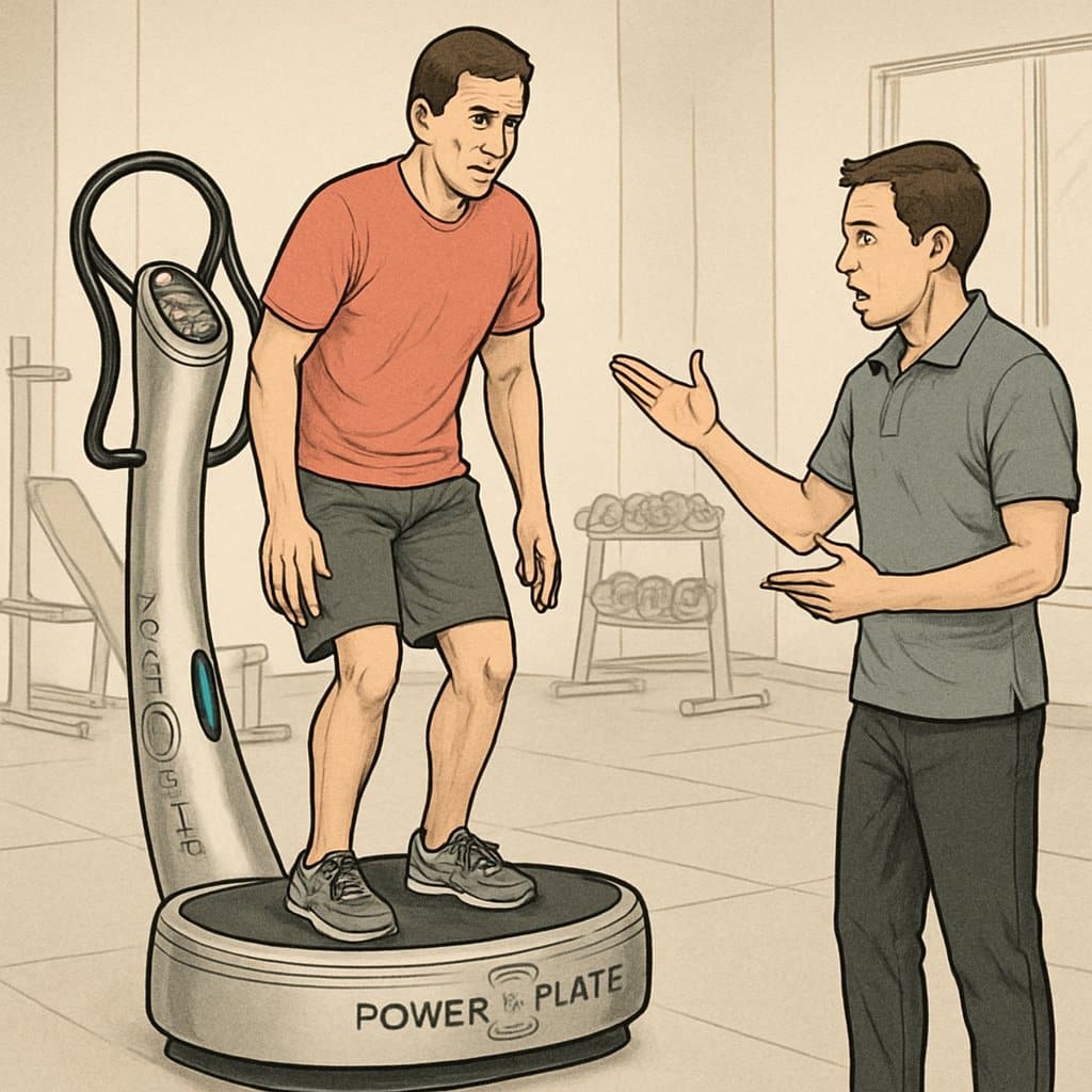 A person standing incorrectly on a Power Plate machine in a gym while a trainer points out the mistakes.