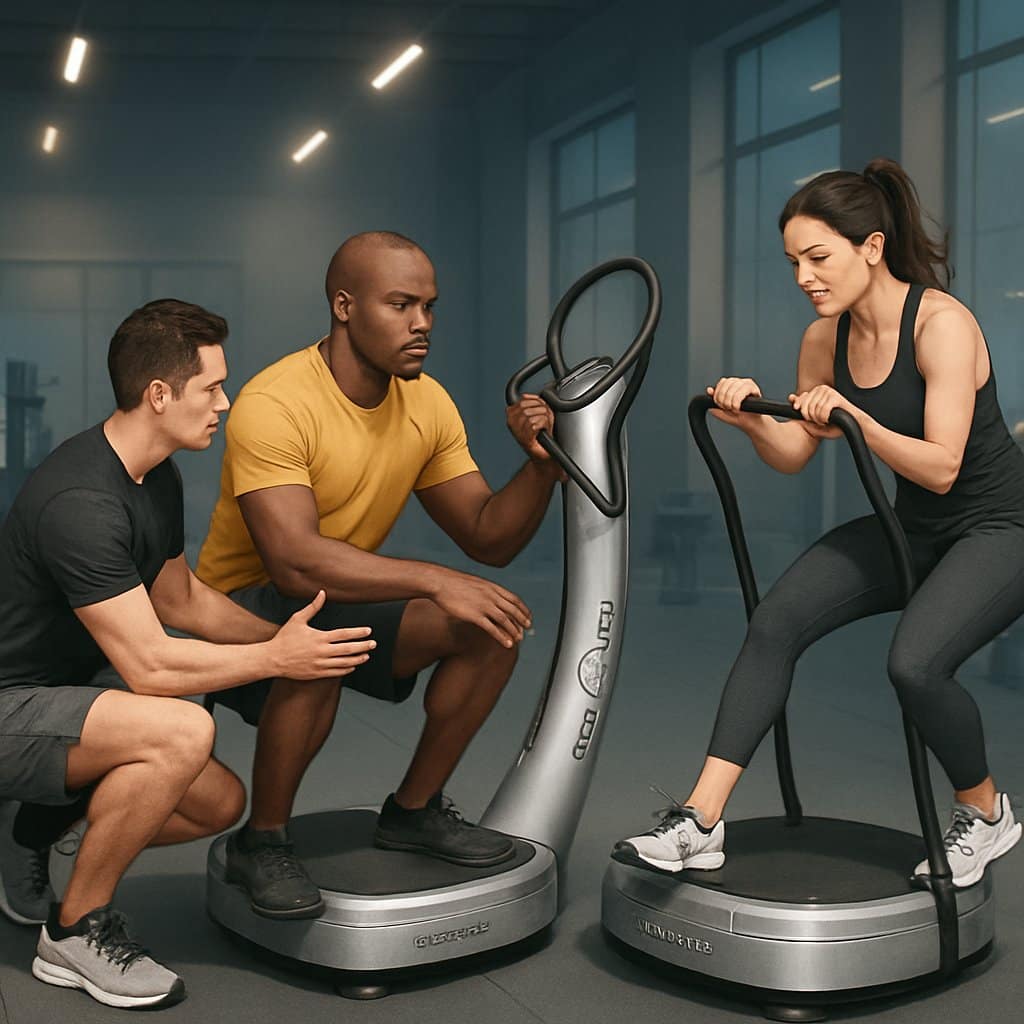 A gym scene with athletes and a trainer demonstrating correct and incorrect ways to use a Power Plate machine.
