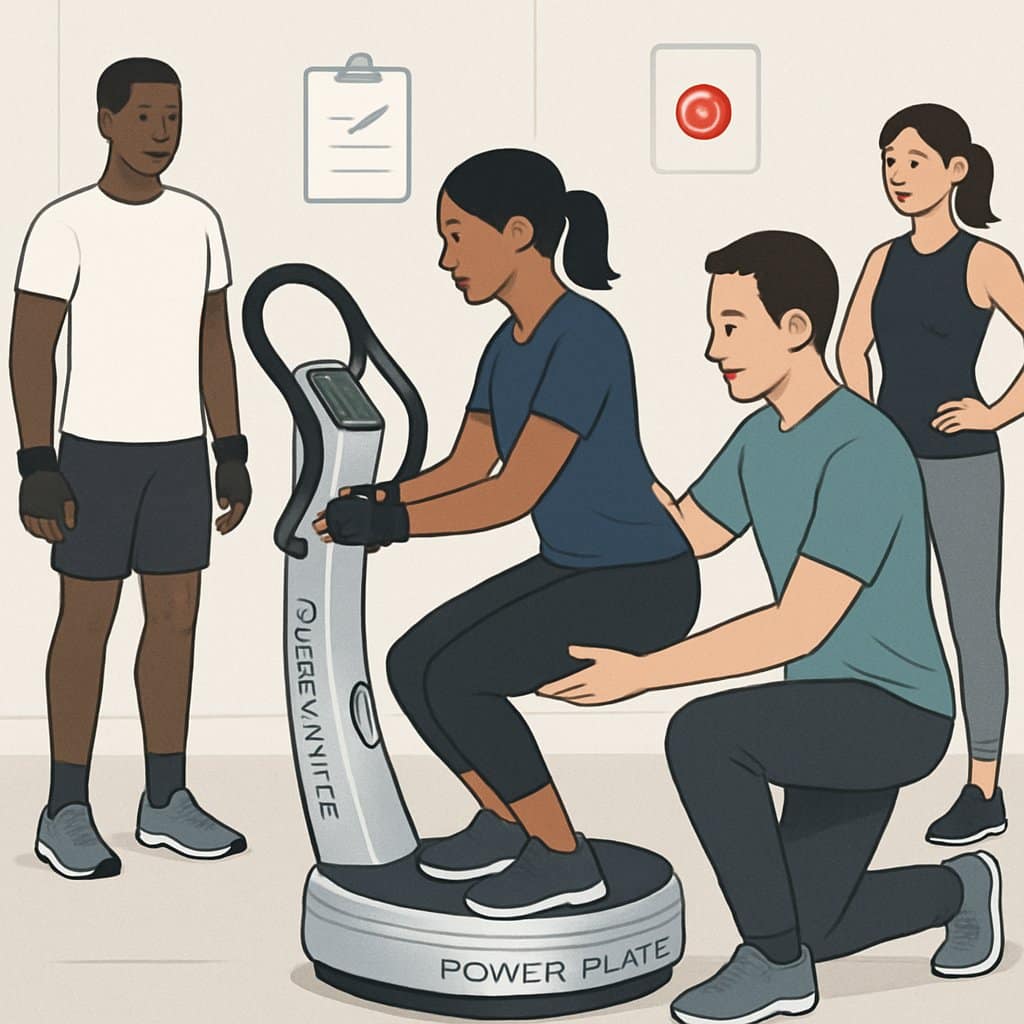 People using a Power Plate machine with a trainer guiding them on safety and proper use in a clean gym environment.