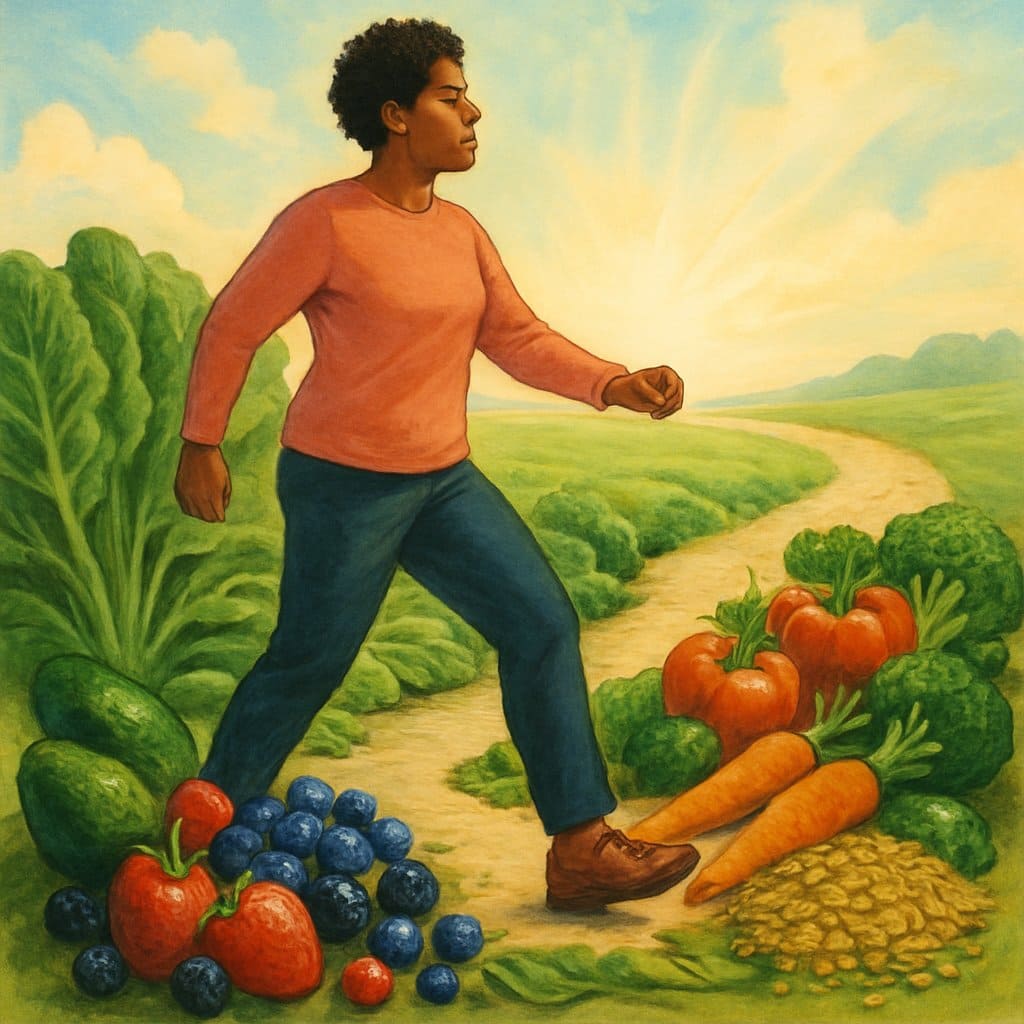 A person stepping onto a path surrounded by fresh fruits and vegetables, symbolizing the start of a journey toward better nutrition.