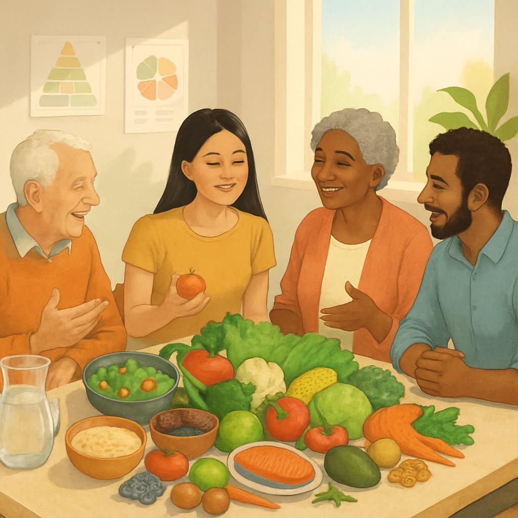 A diverse group of people gathered around a table with fresh fruits and vegetables, discussing healthy food choices in a bright, welcoming room.