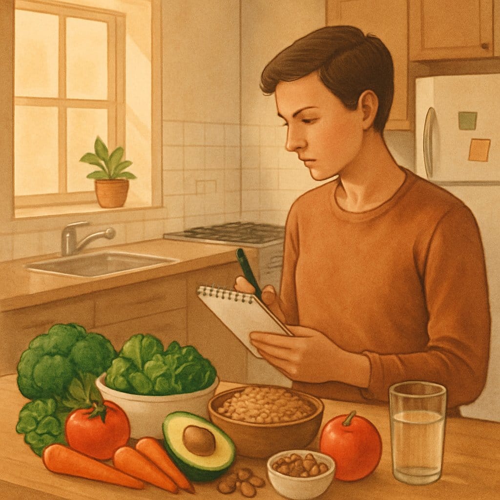 A person standing in a kitchen, looking at healthy foods on a countertop while holding a notepad and pen.