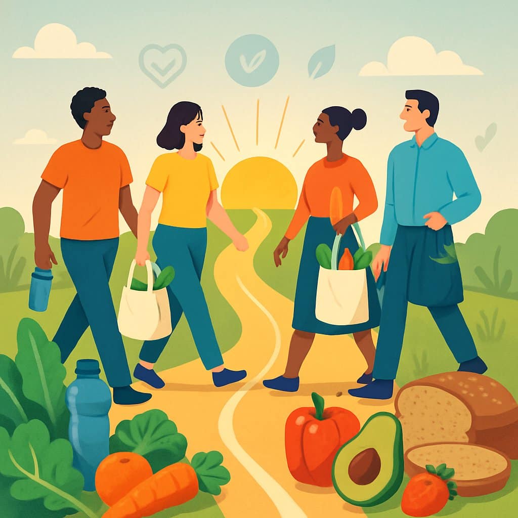 A group of people starting a path lined with fresh healthy foods and water, walking toward a bright sunrise symbolizing the beginning of a nutrition journey.