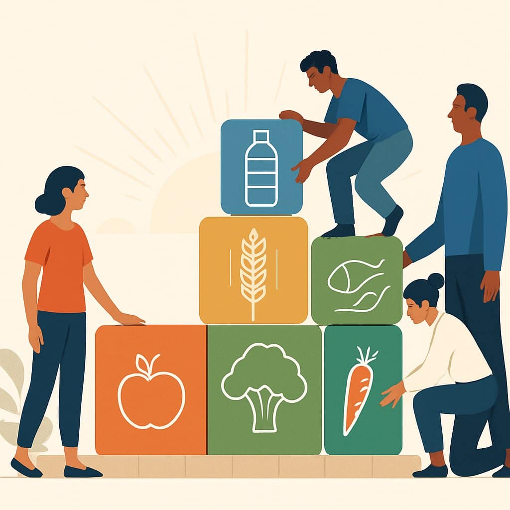 People working together to build a foundation made of colorful blocks representing healthy foods, with a sunrise in the background symbolizing a new beginning.