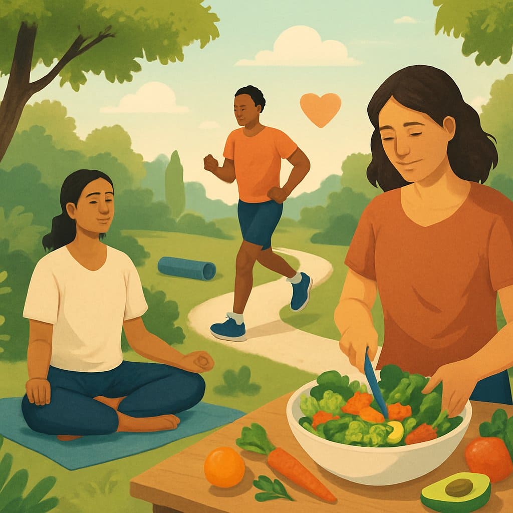 People engaging in healthy activities like meditating, jogging, and preparing fresh food in a natural setting.