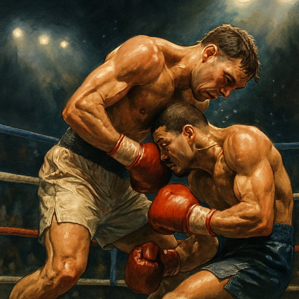 Two boxers in a ring, with a shorter boxer delivering an uppercut to a taller opponent at close range.