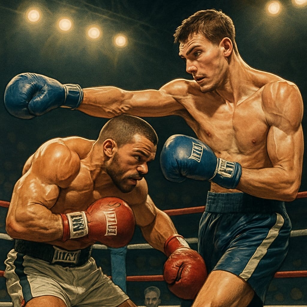 A shorter boxer skillfully fights inside against a taller opponent in a boxing ring, both focused and engaged in an intense match.