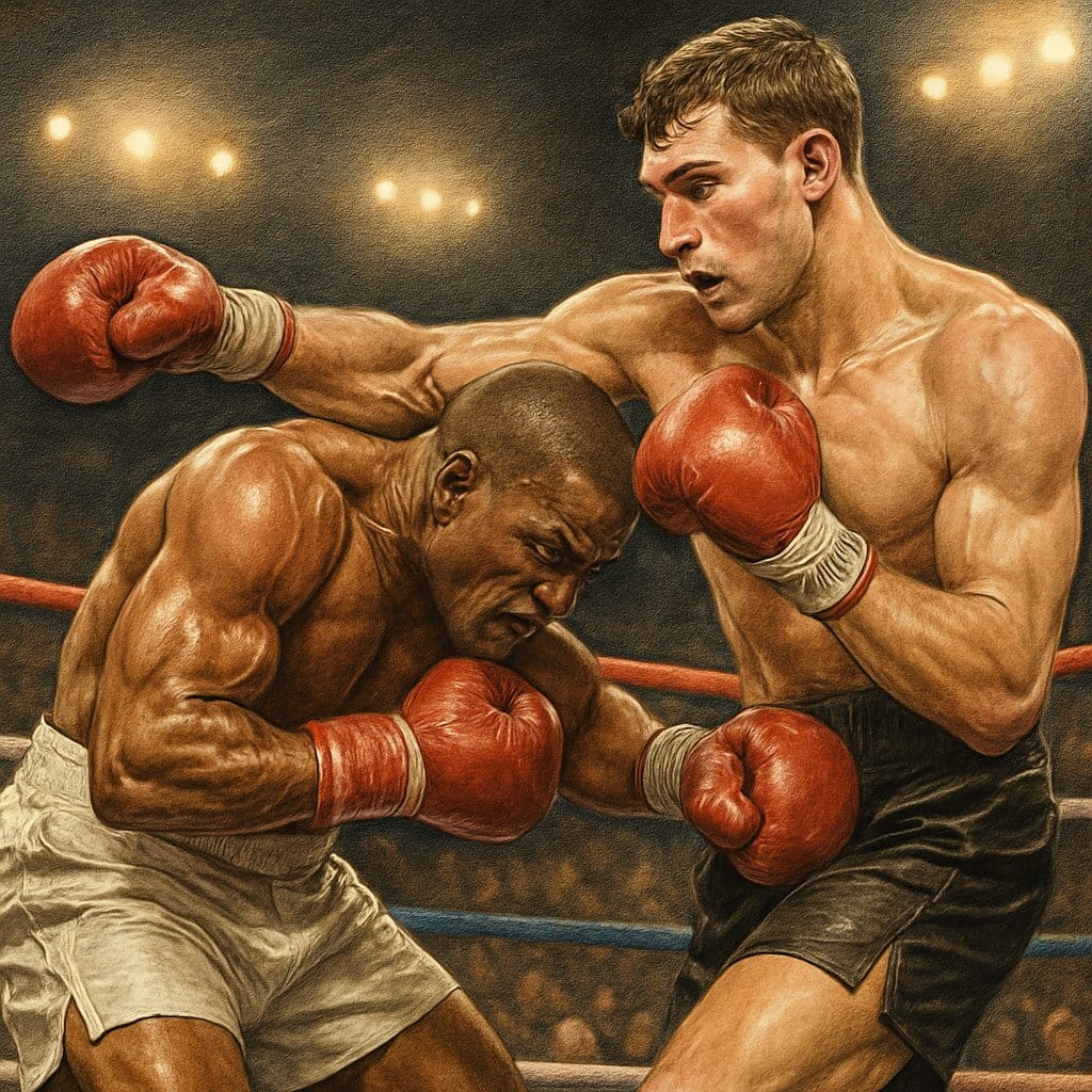 Two boxers inside a boxing ring, with a shorter boxer fighting closely against a taller opponent, both engaged in an intense match.