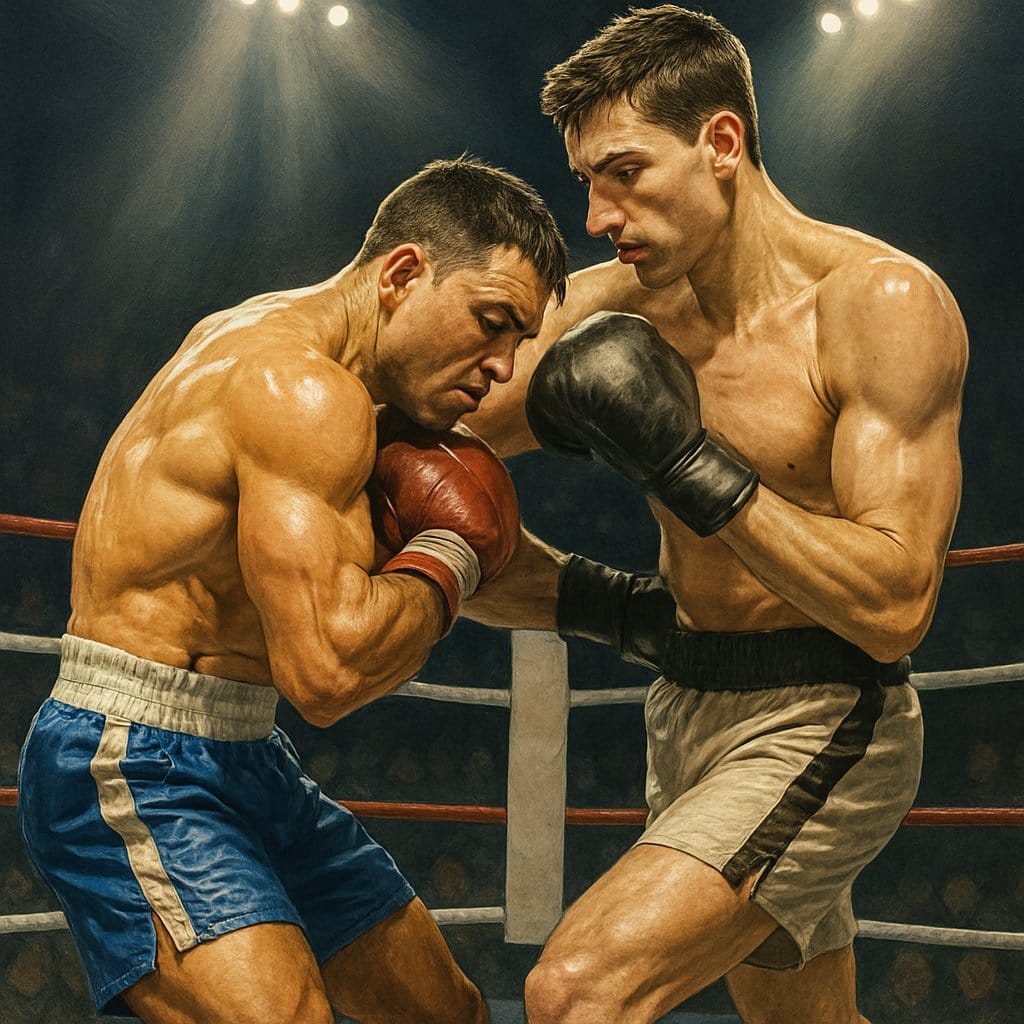 Two male boxers engaged in close-range fighting inside a boxing ring, with a shorter boxer skillfully getting inside against a taller opponent.