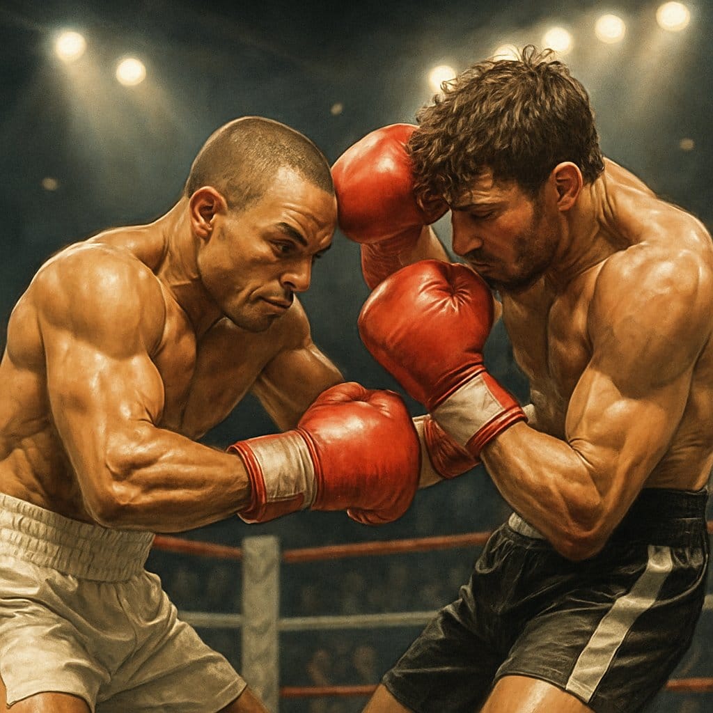 Two boxers in a ring, with a shorter boxer delivering a counter punch to a taller opponent during close-range combat.