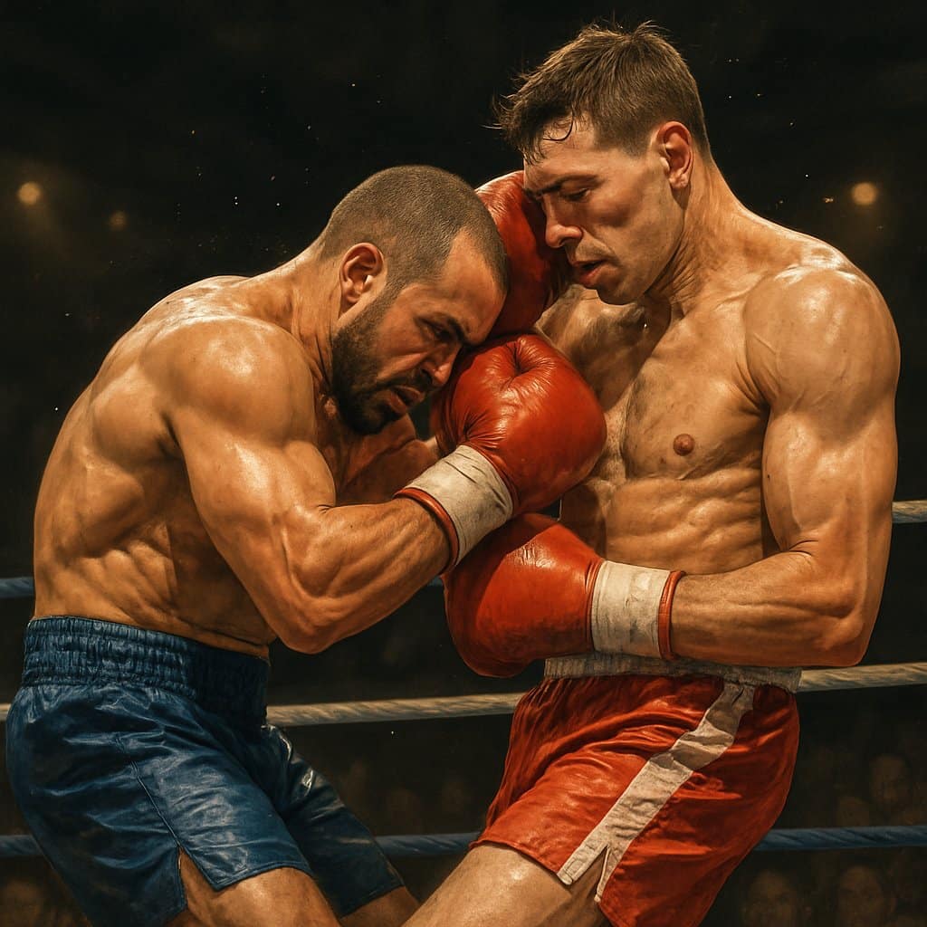 Two boxers in a ring engaged in close-range combat, with a shorter boxer attacking inside against a taller opponent.