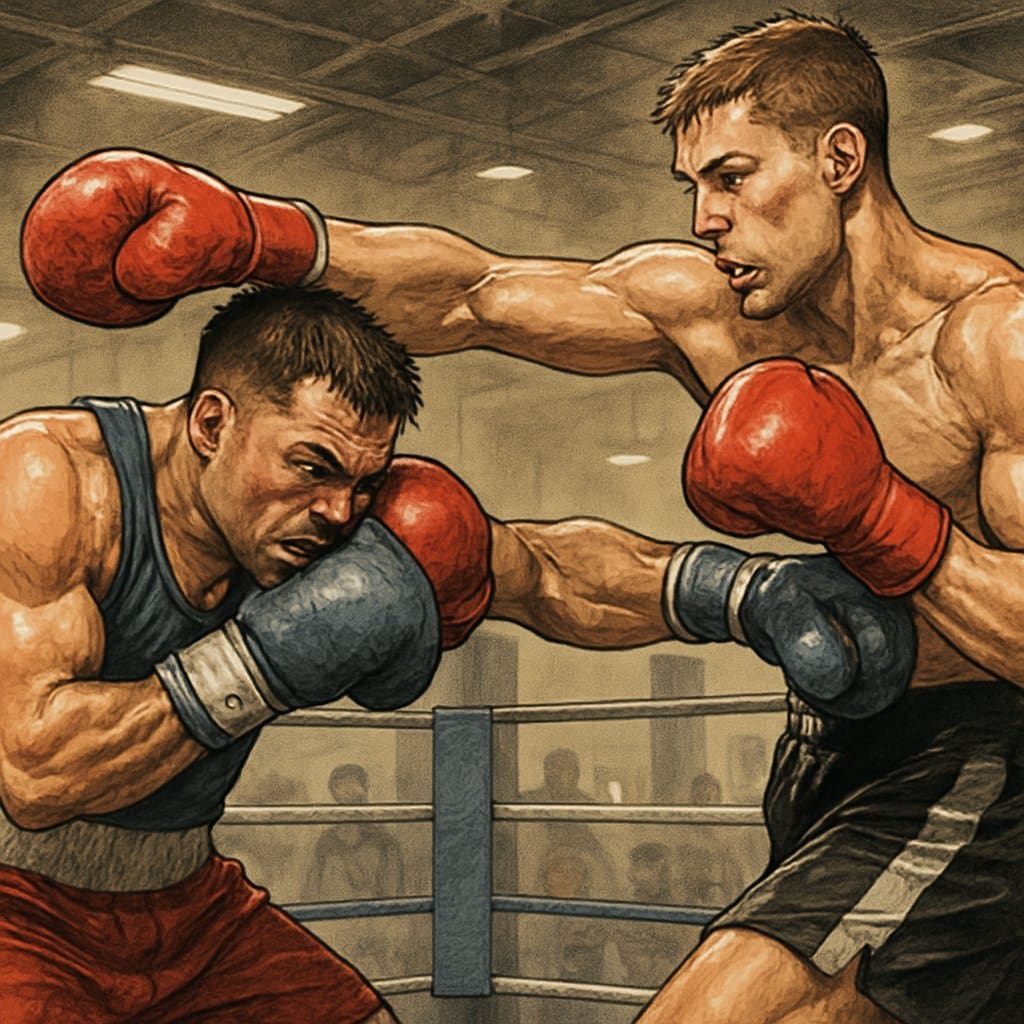 A shorter boxer skillfully defending and fighting close against a taller opponent inside a boxing ring during training.