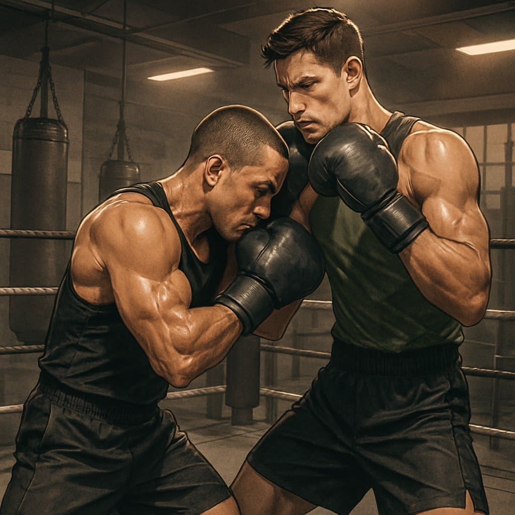 Two boxers sparring closely in a gym, with a shorter boxer skillfully fighting inside against a taller opponent.