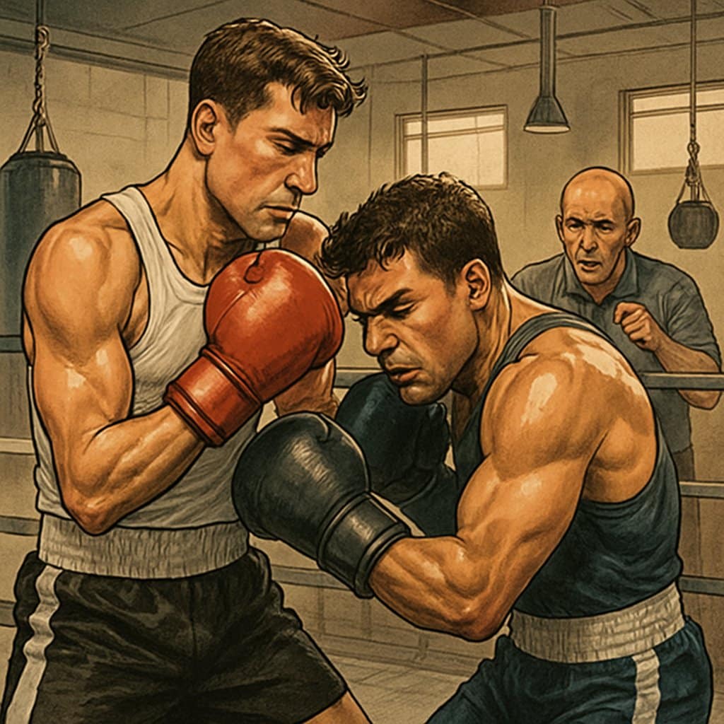Two boxers in a gym ring practicing close-range fighting, with a shorter boxer slipping a punch and countering a taller opponent, while a coach watches nearby.