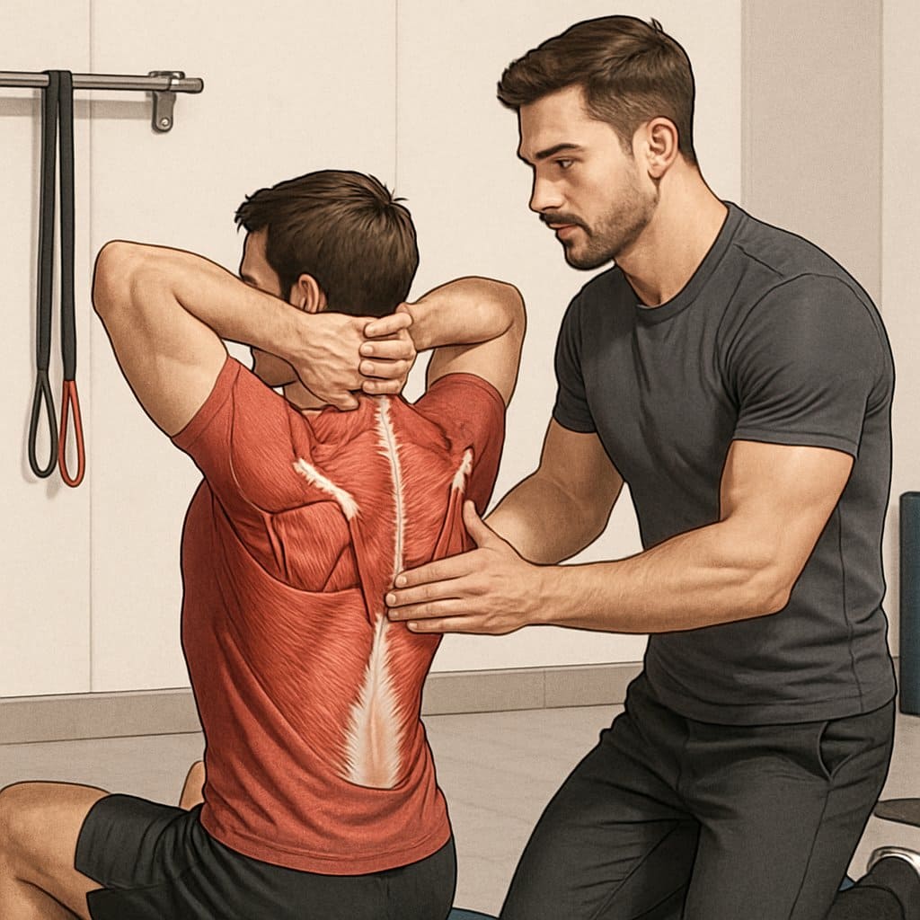 A fitness trainer guiding a person with rounded shoulders through a posture-correcting exercise in a gym.