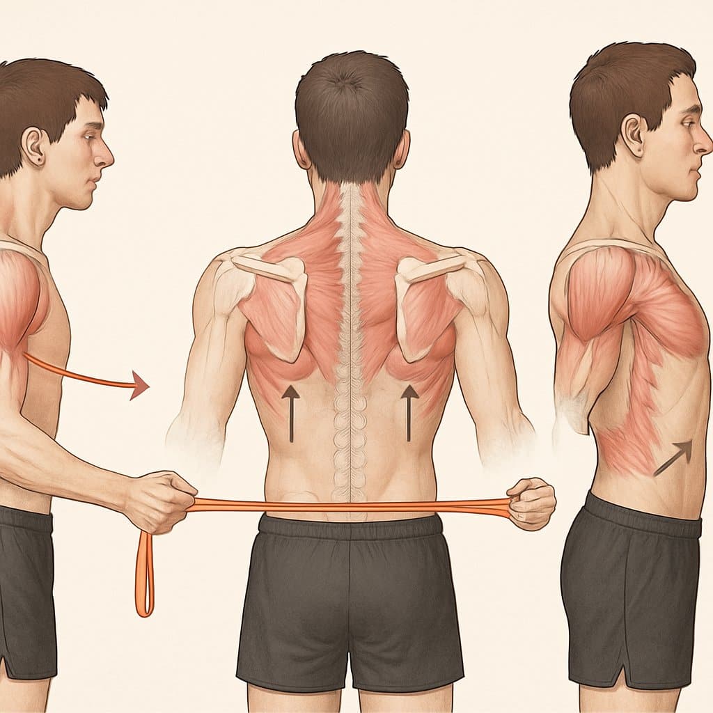 Human figure demonstrating exercises to correct rounded shoulders with proper posture and shoulder alignment from side and back views.