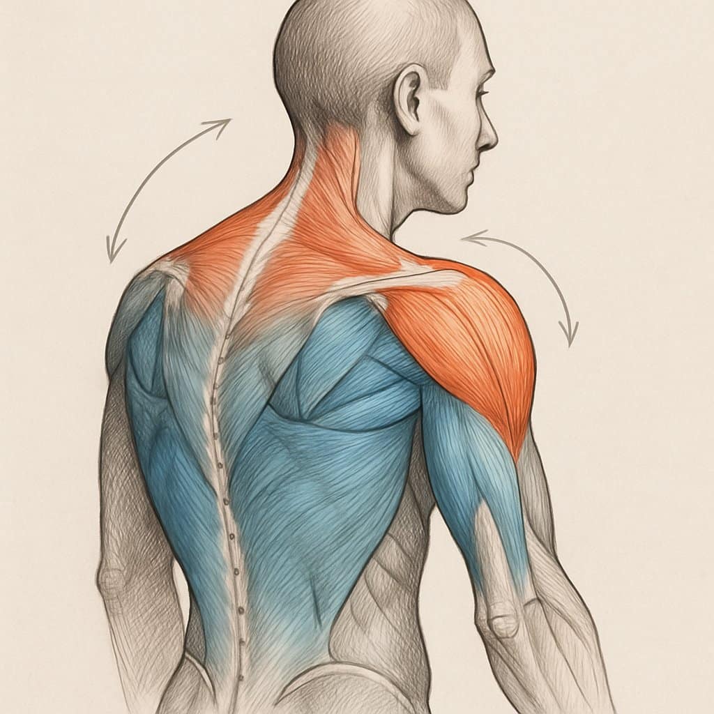 An anatomical illustration of a person’s upper back and shoulders showing muscle imbalances causing rounded shoulders, with one side highlighting tight muscles in warm colors and weak muscles in cool colors.