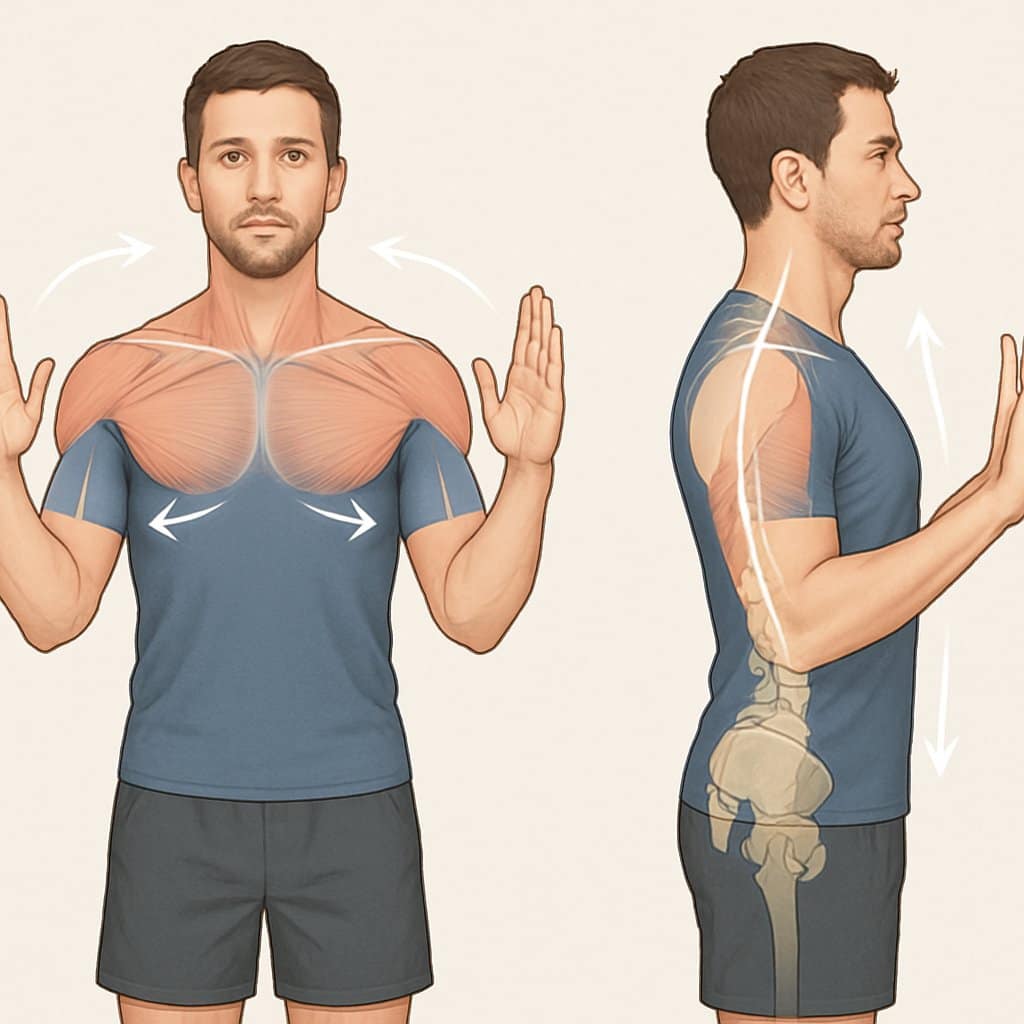A person performing exercises to correct rounded shoulders, showing proper posture with shoulders pulled back and spine aligned.