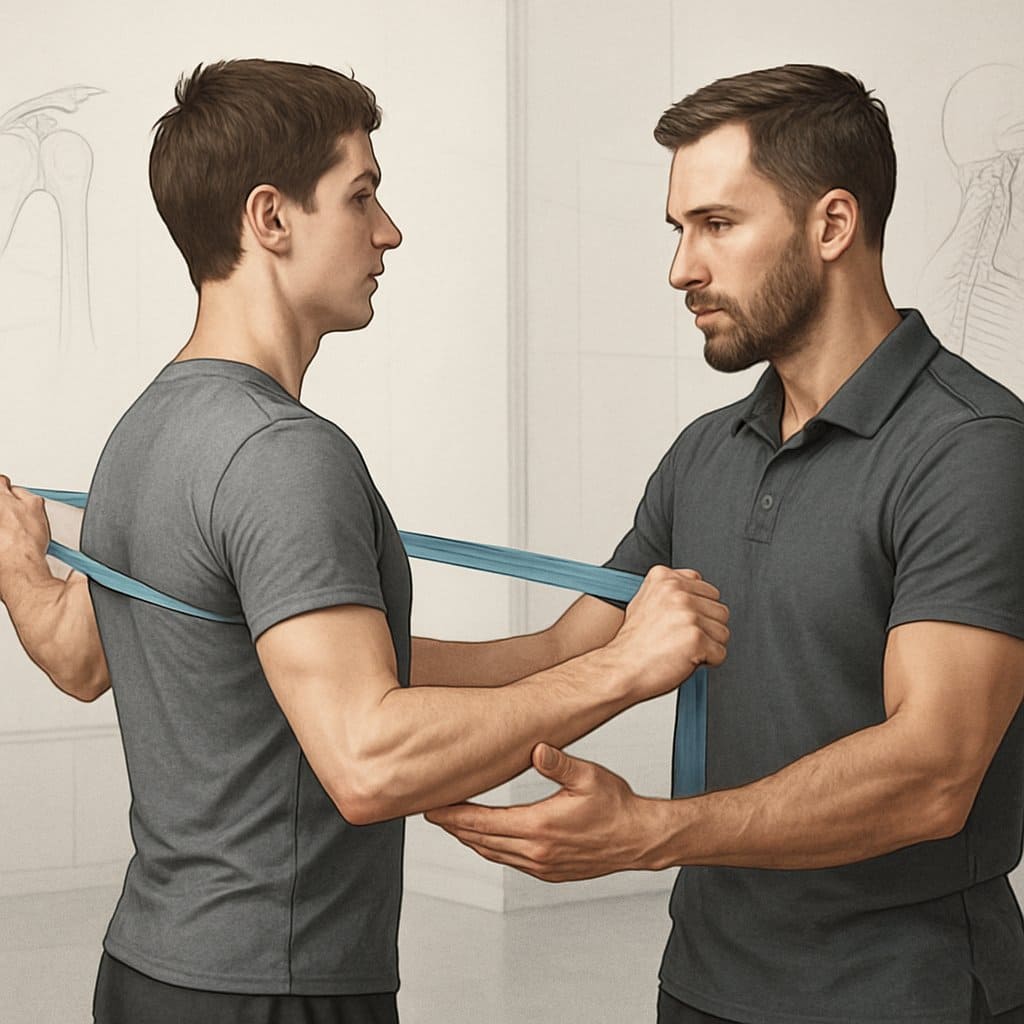 A fitness trainer guiding a person through exercises to improve posture and correct rounded shoulders in a gym setting.