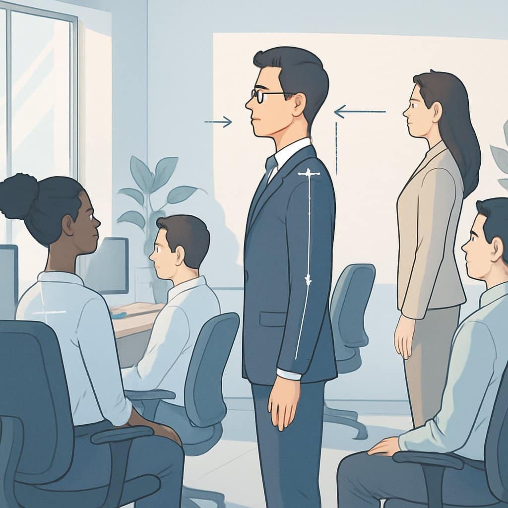 A group of professionals in an office practicing correct posture techniques with one person demonstrating upright posture and others following along.