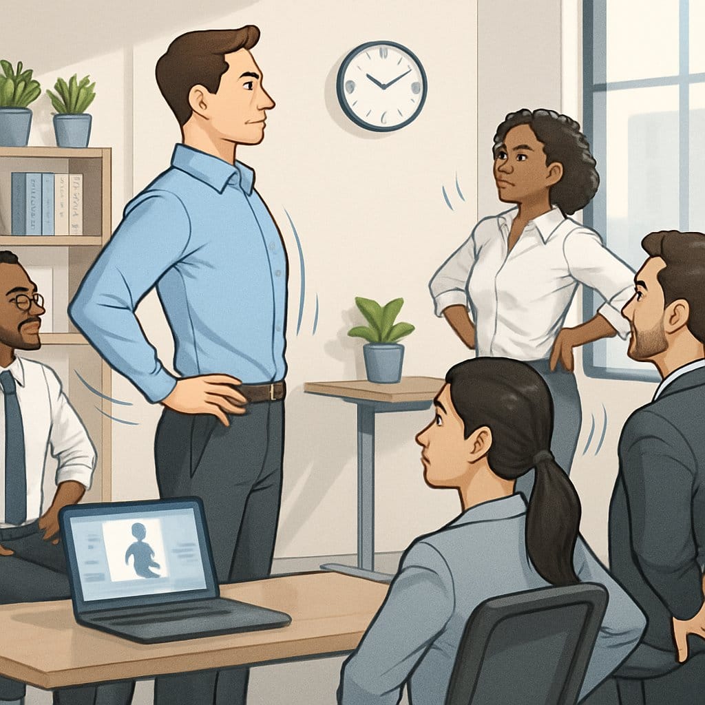 A group of professionals in an office practicing posture exercises with ergonomic furniture and a clock showing limited time.