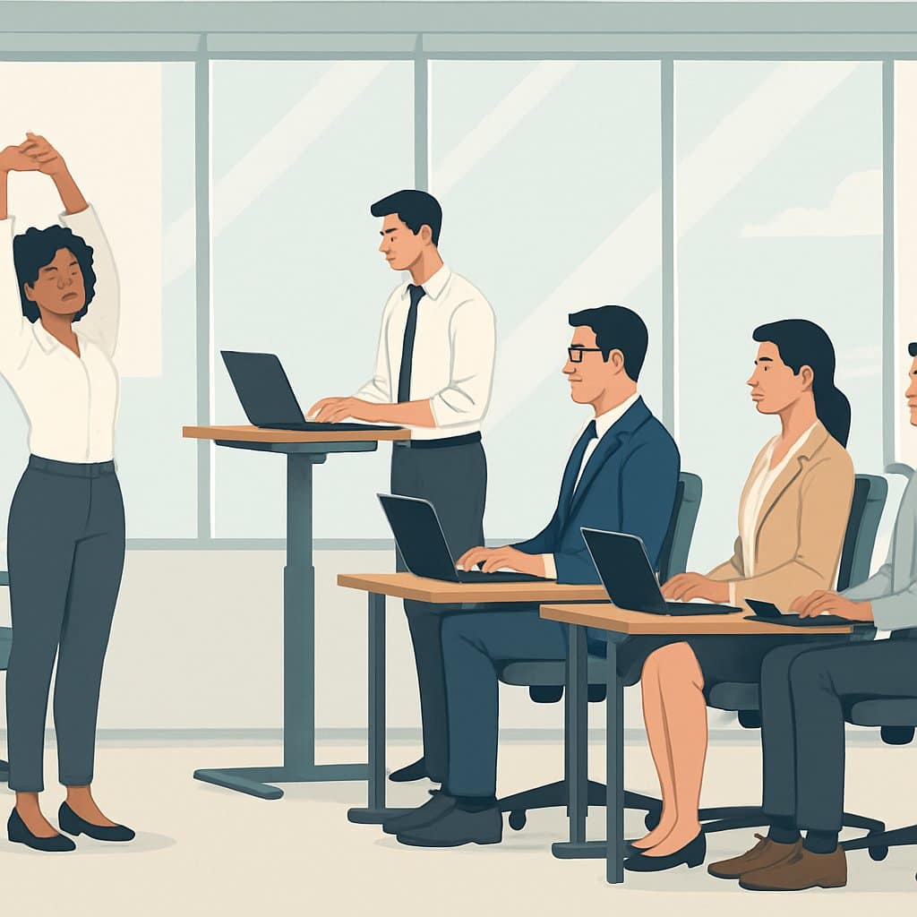 A group of professionals in an office practicing good posture and stretching while working at desks.