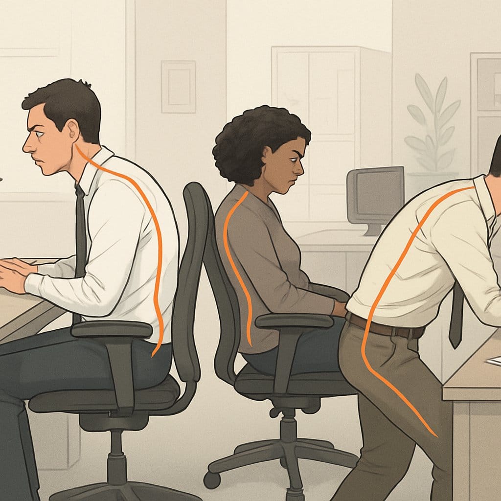 Three office workers at desks showing different common posture problems like slouching, forward head posture, and twisted spine in a typical office setting.