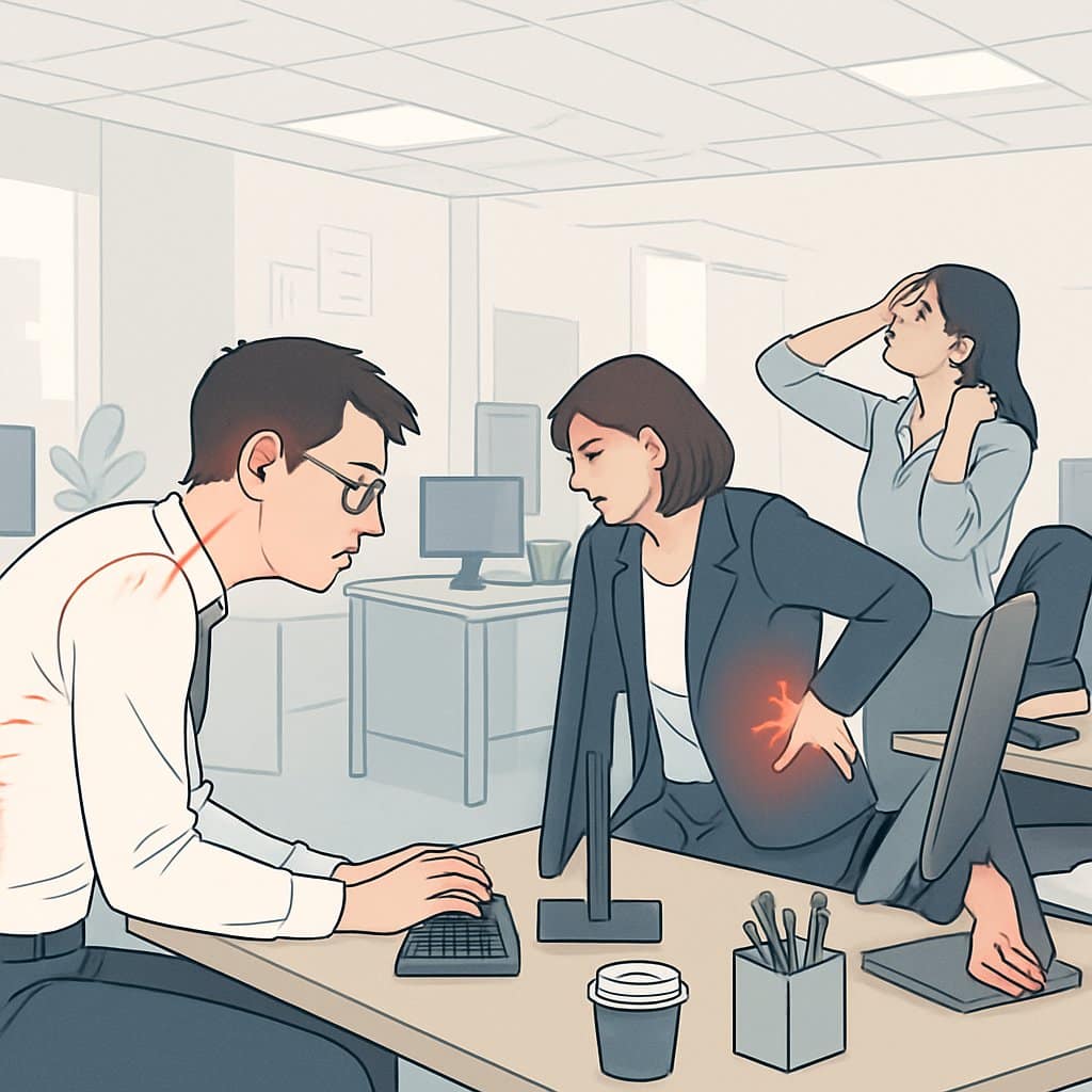 Office scene showing several professionals at desks with poor posture, including slouching, twisted spine, and neck stretching, indicating discomfort and strain.