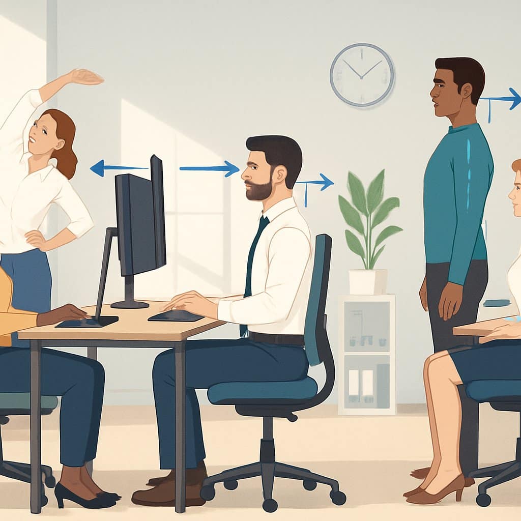 A group of professionals in an office demonstrating good posture while sitting, standing, and stretching at their workstations.