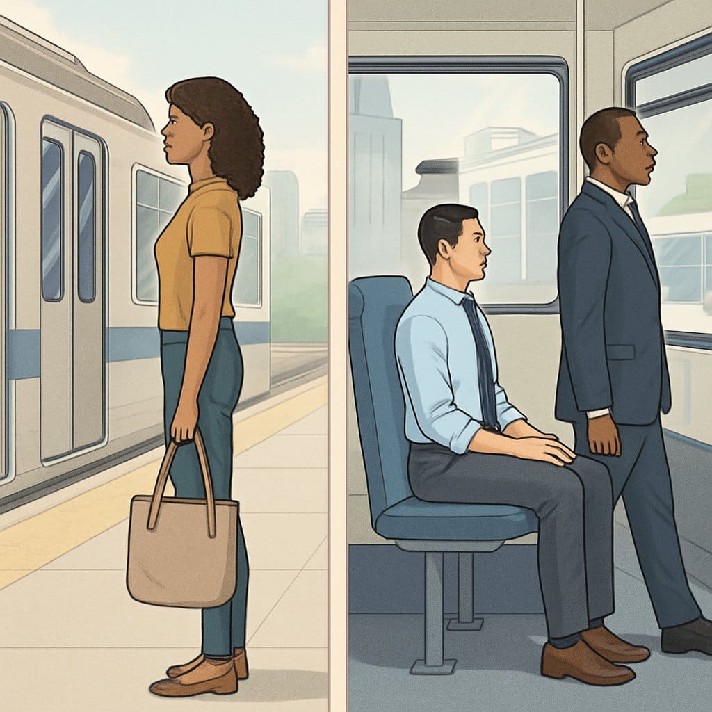 A group of commuters in a city setting demonstrating good posture while standing, sitting, and walking during their daily travel.