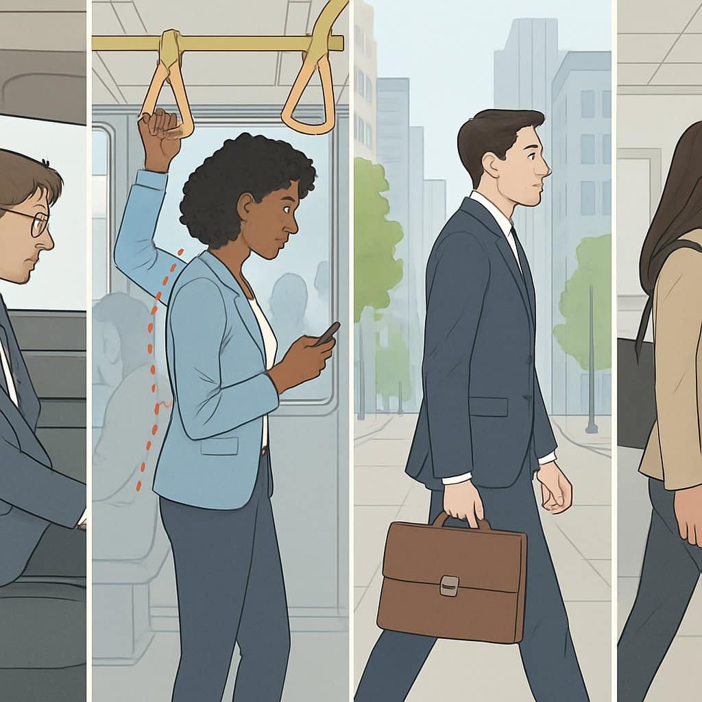 Several professionals commuting by car, train, and walking, showing examples of good and bad posture during their daily commute.