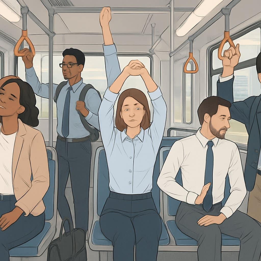 People commuting on a bus and train performing gentle stretches and posture exercises while seated and standing.