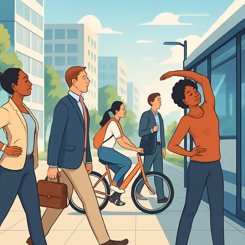 People commuting in a city while walking, cycling, and waiting for transit, demonstrating good posture and subtle stretching exercises.