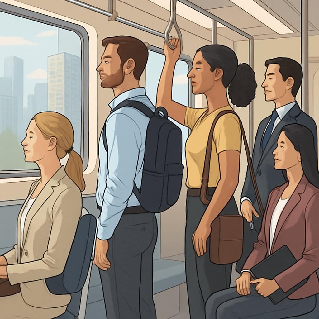 A group of commuting professionals standing and sitting with good posture inside a crowded subway train, showing straight backs and relaxed shoulders.