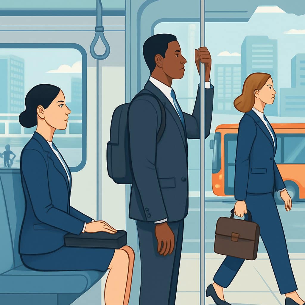 Business professionals commuting in a city using good posture techniques while sitting, standing, and walking.