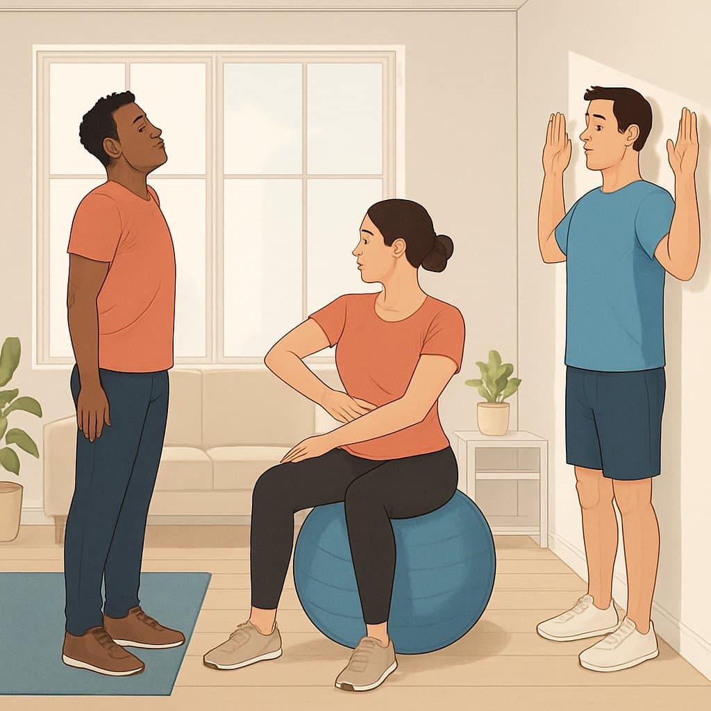 Three adults doing different posture-improving exercises in a bright living room with exercise equipment nearby.