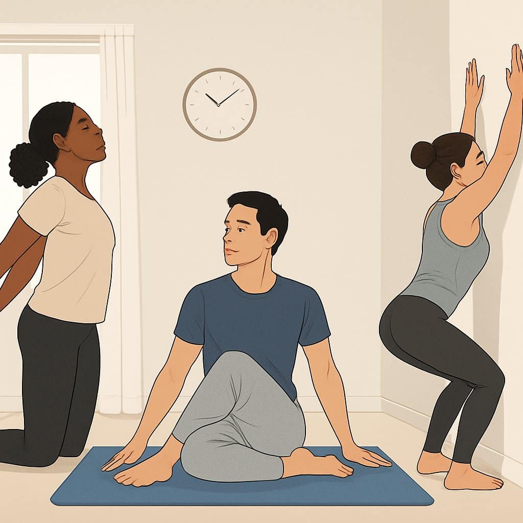 Three adults doing different posture-improving exercises in a bright living room with workout mats and natural light.