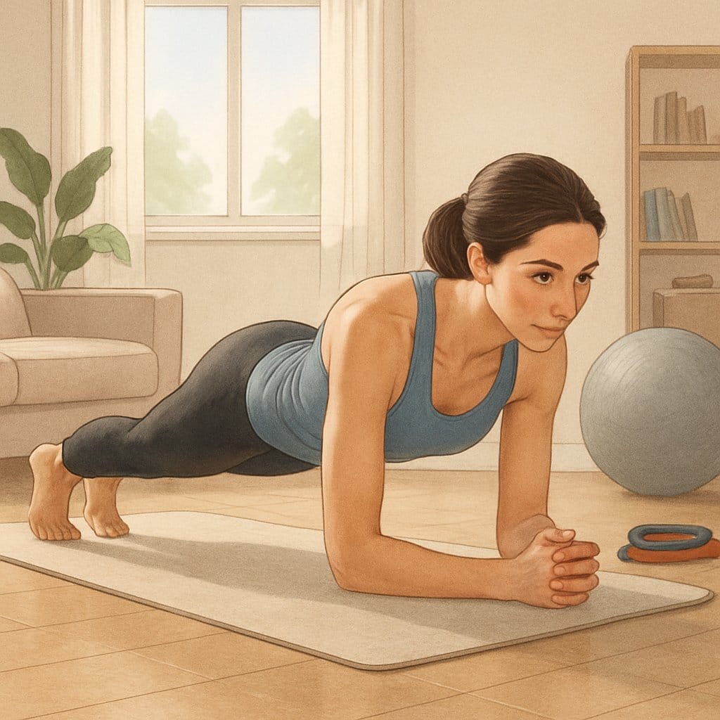 A person doing a plank exercise on a yoga mat in a bright living room, focusing on core strength and balance.