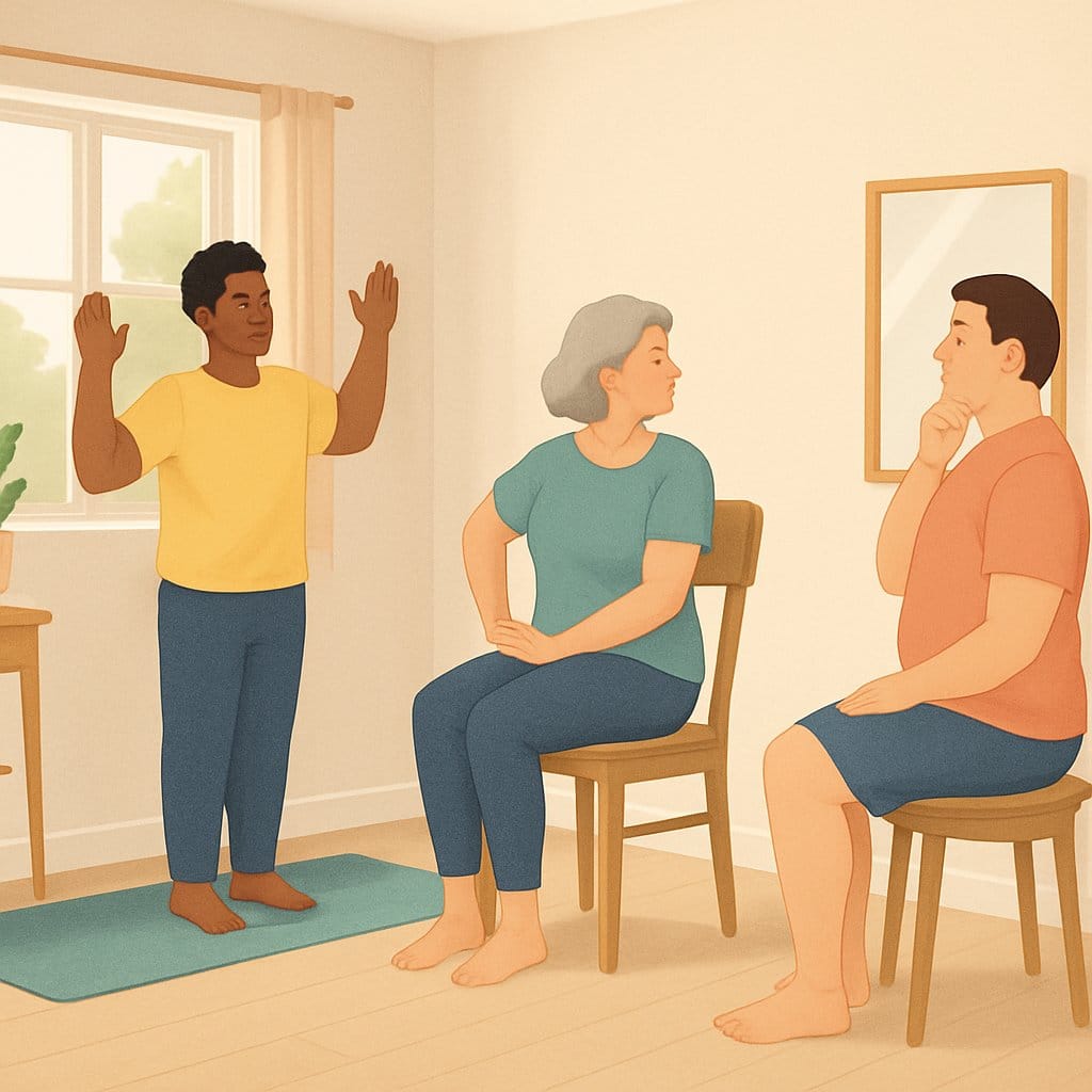 People in a home setting doing various posture exercises like wall angels, seated twists, and chin tucks.
