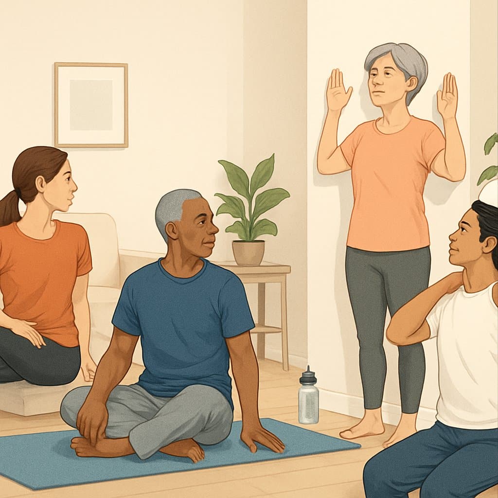 A group of people doing various posture-improving exercises in a bright living room.