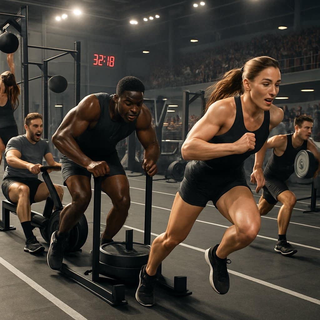 A group of athletes competing in an indoor fitness race, performing various exercises like running, weightlifting, and sled pushing in a sports arena.