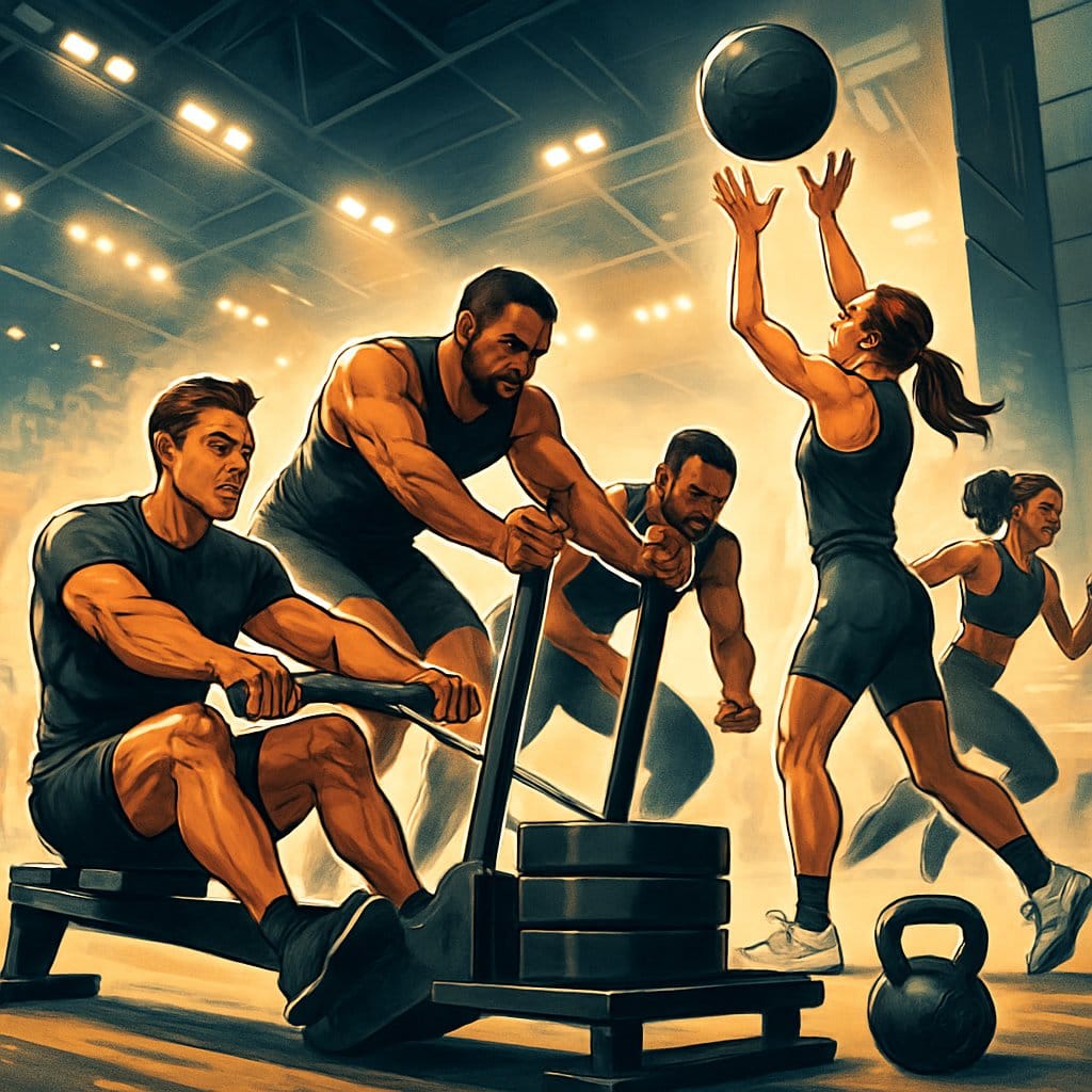 Athletes competing in a HYROX fitness race, performing various workout exercises inside a large sports arena.