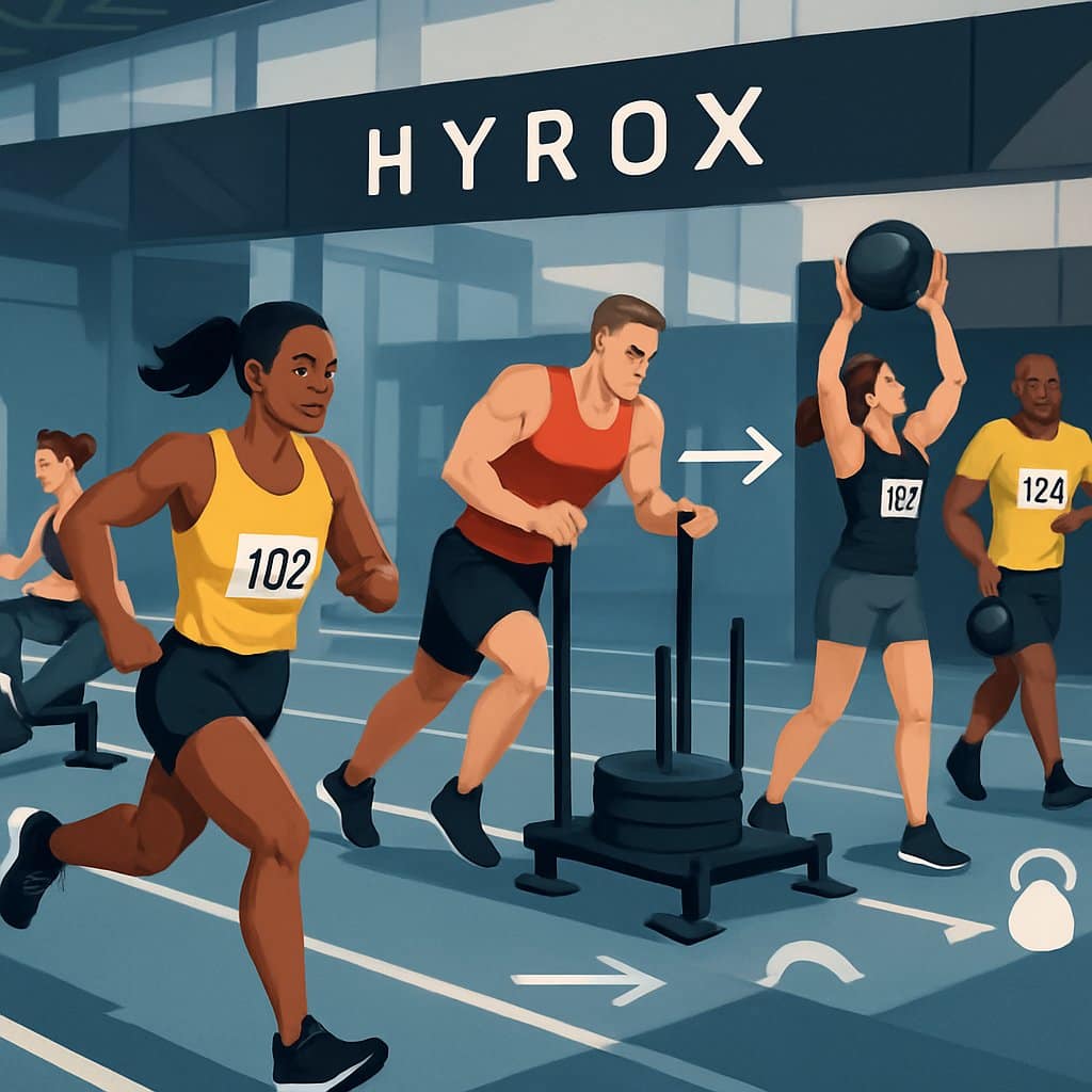 Athletes participating in a multi-station fitness race indoors, performing running, rowing, sled pushing, wall balls, and kettlebell carries in sequence.