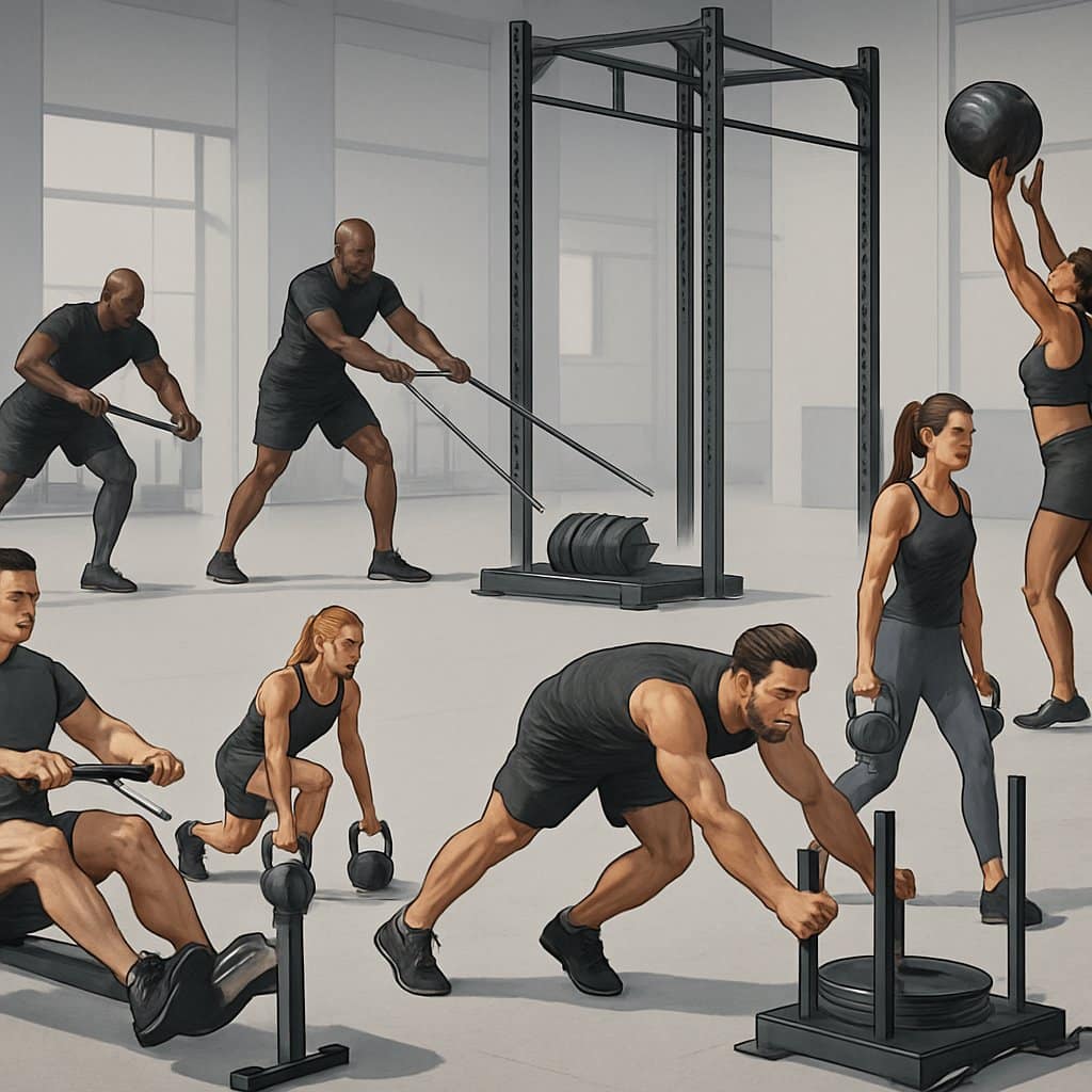 Illustration of athletes performing different exercises at various workout stations in a gym setting.